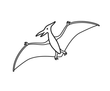Pterodactyl vector contour silhouette. Pteranodon dinosaur. Pterosaur black contour isolated clipart