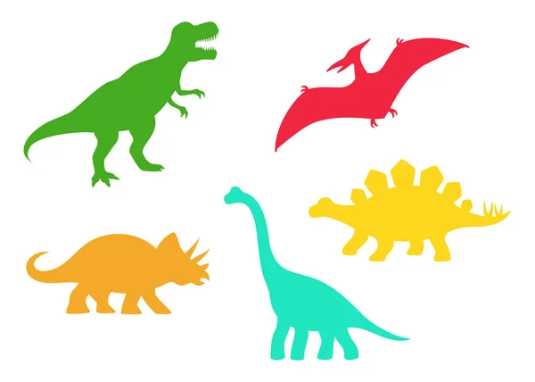Dinosaurier-Vektorsilhouetten - T-Rex, Brachiosaurus, Flugsaurier, Triceratops, Stegosaurus. Niedliche flache Dinosaurier isoliert Vektorgrafiken