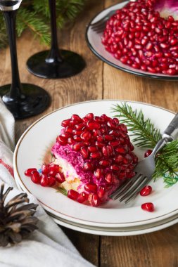 Narlı bir tabakta sebze salata katmanlı                               