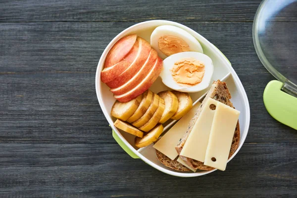 Lunch Box Sandwich Egg Fresh Fruit Wooden Table — Stock Photo, Image