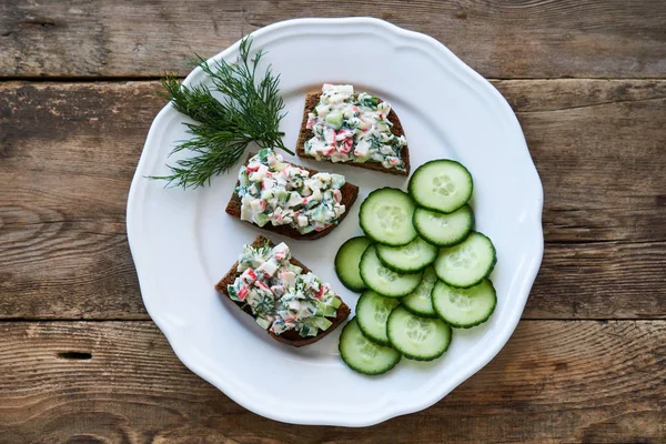 Sandwiches Cucumbers Crab Sticks Greens Plate — Stock Photo, Image