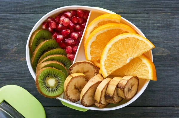 Lunch Box Various Fresh Fruits Wooden Background — Stock Photo, Image