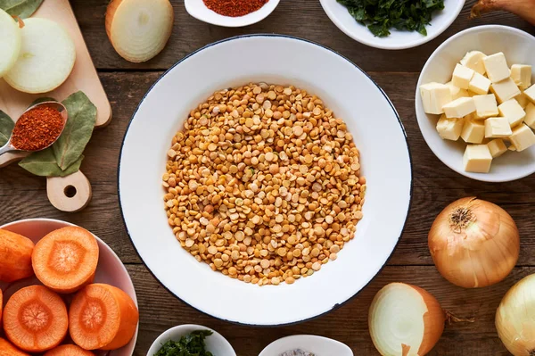 Ingredientes Para Cocinar Gachas Guisante Sobre Fondo Madera — Foto de Stock