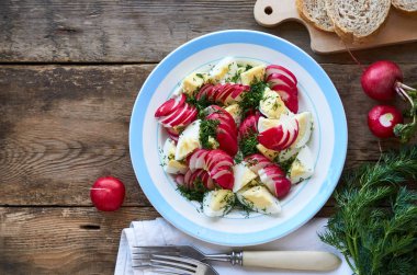 Ahşap bir arka plan üzerinde turp, dereotu ve yumurta ile sebze salatası                               