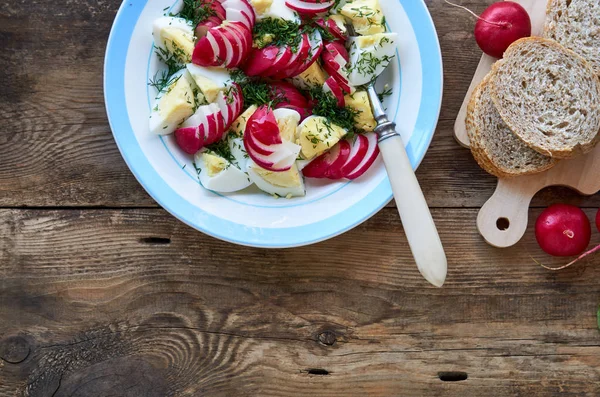 Vegetable Salad Radishes Dill Eggs Wooden Background — Stock Photo, Image