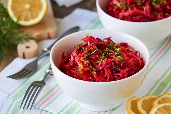 Vegetable Salad Beets Cabbage Carrots White Bowl — Stock Photo, Image