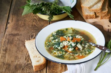 Beyaz bir kapta sebze ve yumurta ile ısırgan çorbası                               