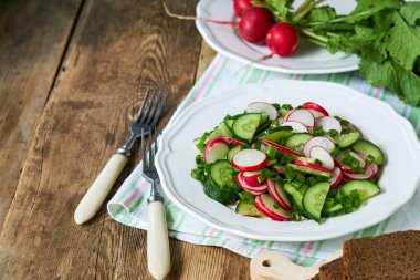 Beyaz bir tabak ta taze salatalık, turp ve yeşil soğan ile sebze salatası                               