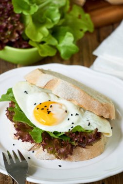Beyaz bir tabak ta kızarmış yumurta ve marul yaprakları ile Sandviç                                
