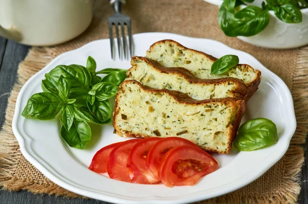 Casserole Zucchini Cheese Fresh Herbs White Plate — Stock Photo, Image