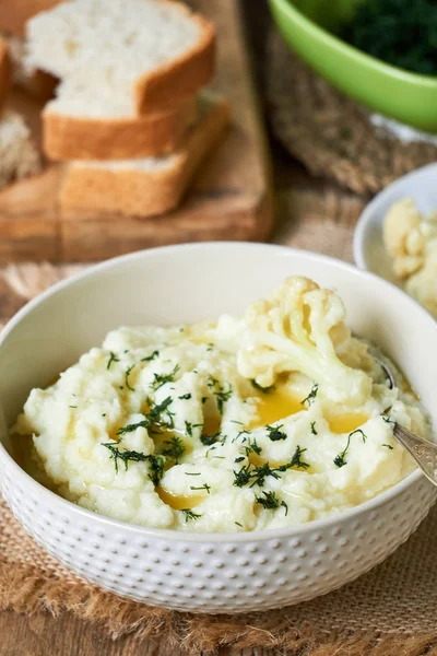 Cauliflower Puree Butter Fresh Herbs — Stock Photo, Image