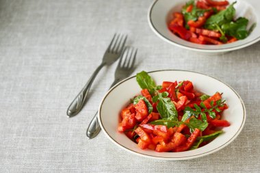 Kırmızı dolma biberli sebze salatası ve roka.                                