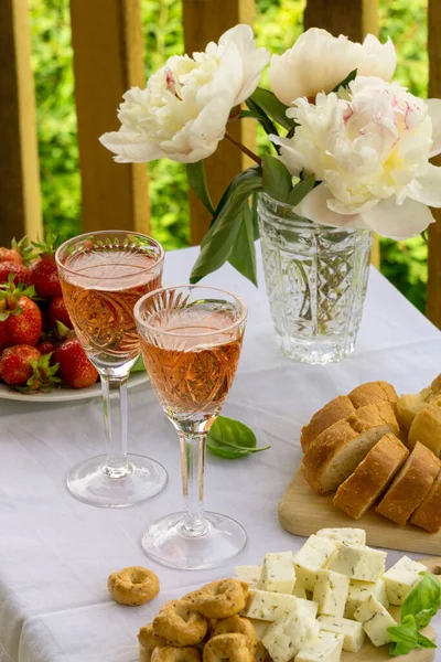 Summer Lunch Outdoors Table Rose Wine Various Appetizers — Stock Photo, Image