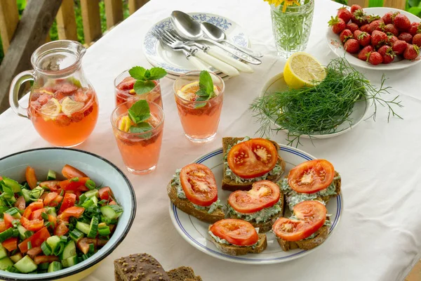 Dinner Table Various Snacks Summer Strawberry Lemonade Outdoors — Stock Photo, Image