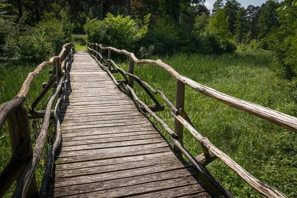 Uma Ponte Estreita Feita Madeira Que Leva Sobre Uma Zona — Fotografia de Stock