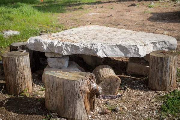 Pequeña Mesa Rural Hecha Troncos Árbol Una Placa Piedra Cres — Foto de Stock