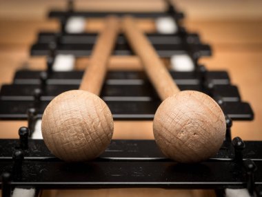Siyah ve beyaz tuşlar ve Ahşap tokmaklar Glockenspiel ayrıntılarını