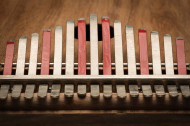 Bir başparmak piyanoyla (Kalimba, Mbira) gümüş ve kırmızı çatalın dişlerini ayrıntılarını