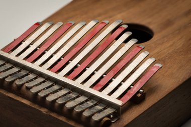 Bir başparmak piyanoyla (Kalimba, Mbira) gümüş ve kırmızı çatalın dişlerini ayrıntılarını