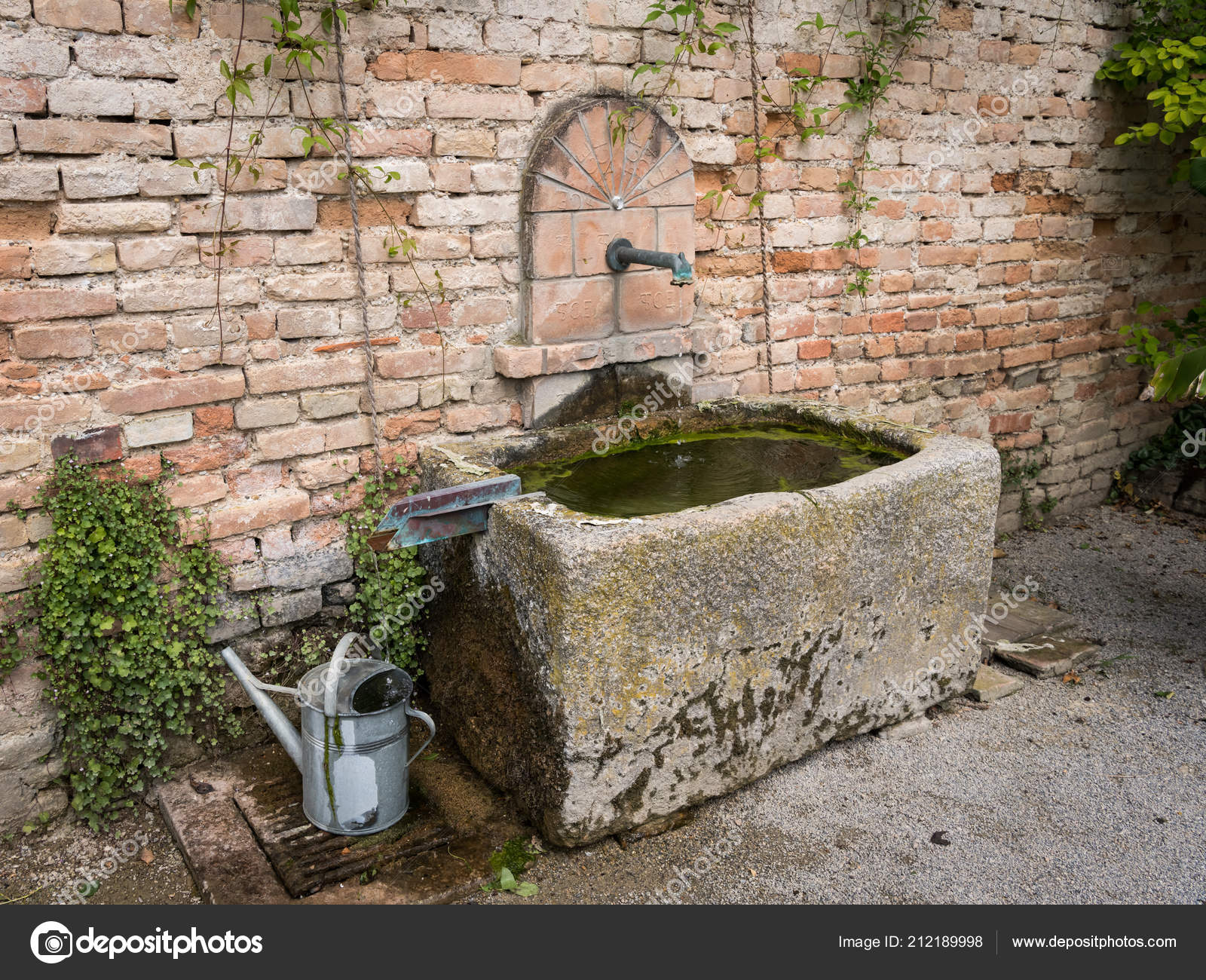 Stone Trough Fountain Stone Trough Standing Front Brick Wall