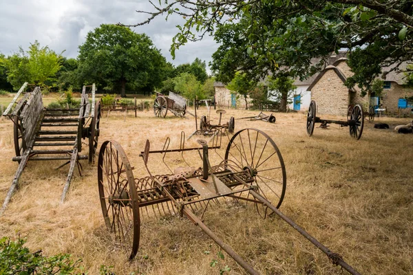 Alte Wagen und Werkzeuge stehen auf einer trockenen Wiese — Stockfoto