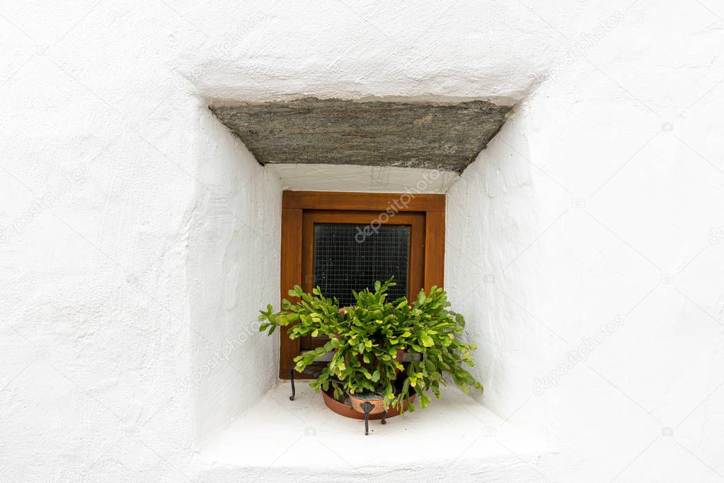 Flowers in front of a small window of a very old house in Glurns
