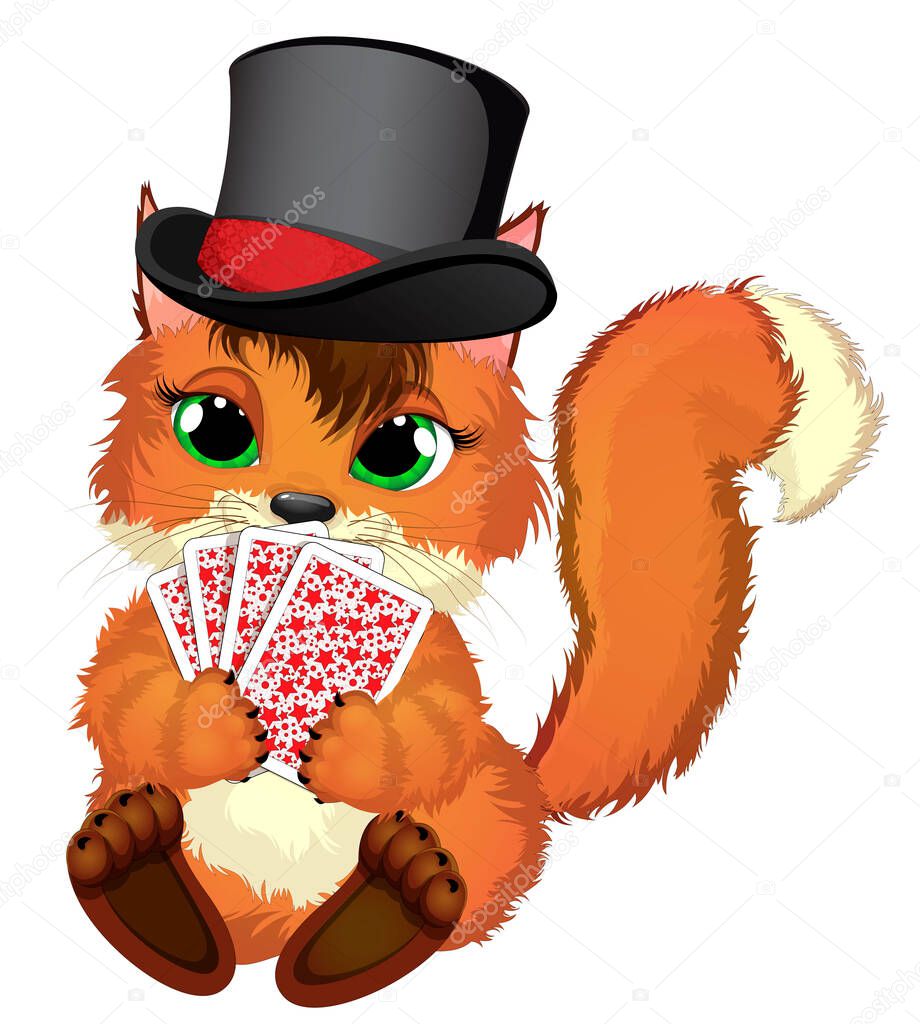 Sly fox plays cards. Cartoon vector illustration.