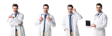 yakışıklı Doktor dijital tablet, gözlük ve üzerinde beyaz izole stetoskop holding Beyaz paltolu kolaj