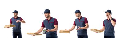 pizza kutuları, terminal ve üzerinde beyaz izole Smartphone cep telefonu ile konuşan tutan mavi üniformalı yakışıklı pizza teslimatçı ile kolaj