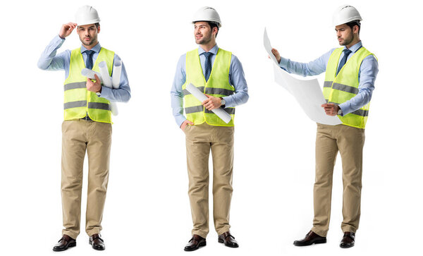 collage of handsome architect wearing green vest and hardhat with blueprints isolated on white