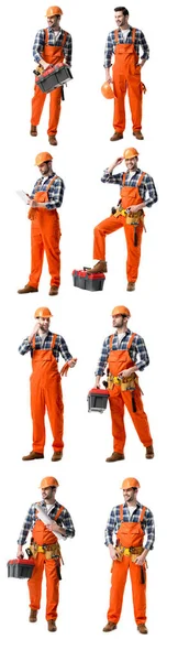Koláž Hezký Opravář Oranžové Uniformě Drží Nástroj Case Modrotisky Mluví — Stock fotografie