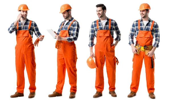 Collage Stilig Reparatör Orange Uniform Skriver Anteckningsboken Och Prata Smartphone — Stockfoto