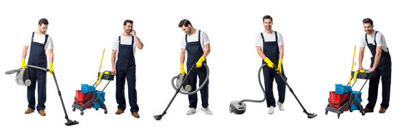 collage of handsome cleaner in blue uniform vacuums, moves pushcart and talking on smartphone isolated on white