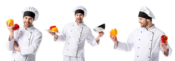 Collage Guapo Chef Uniforme Blanco Sonriendo Sosteniendo Pimientos Aislados Blanco — Foto de Stock