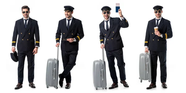 Collage Beau Pilote Uniforme Noir Debout Avec Valise Passeport Tasse — Photo