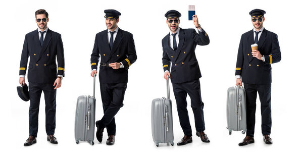 collage of handsome pilot in black uniform standing with suitcase, passport and cup of coffee isolated on white