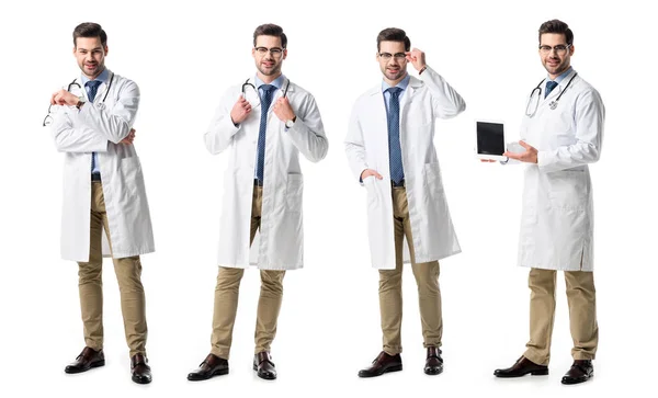 Collage Handsome Doctor White Coat Holding Digital Tablet Glasses Stethoscope Royalty Free Stock Images