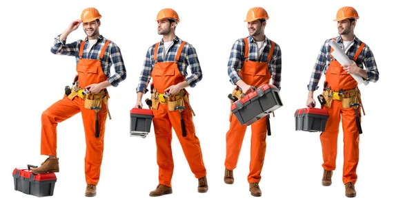 Collage Handsome Repairman Orange Uniform Holding Tool Case Blueprints Isolated Royalty Free Stock Photos