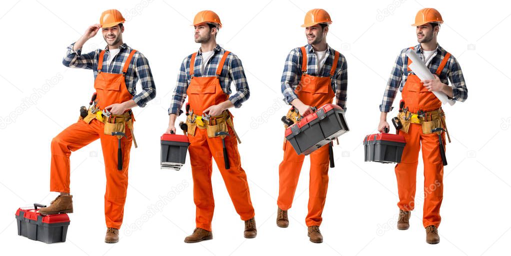 collage of handsome repairman in orange uniform holding tool case and blueprints isolated on white