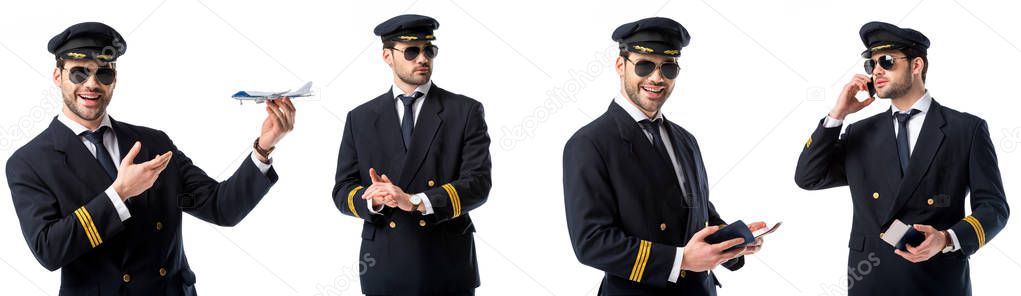 collage of handsome pilot in black uniform holding toy plane, passport and talking on smartphone isolated on white