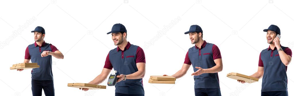 collage with handsome pizza deliveryman in blue uniform holding pizza boxes, terminal and talking on smartphone isolated on white