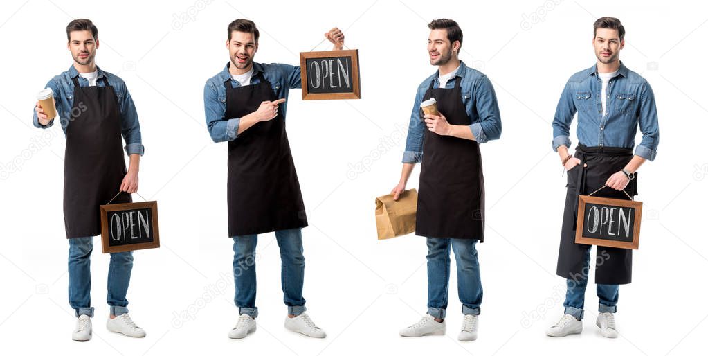 collage of handsome salesperson in apron holding sign, cup of coffee and paper bag isolated on white