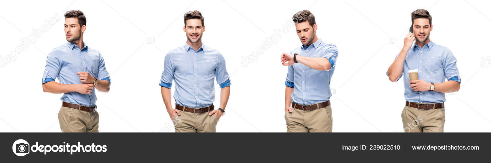beige pants and blue shirt
