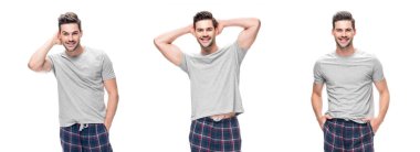 rahatlatıcı yakışıklı genç duran ve üzerinde izole beyaz gülümseyen Pijama içinde kolaj