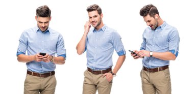 yakışıklı ofis çalışanı söz ve smartphone, üzerinde beyaz izole müzik dinleme izlerken mavi gömlekli kolaj