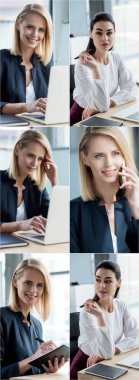collage of businesswomen using gadgets at workplace in office clipart