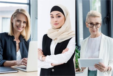 collage of different nationalities and age businesswomen using gadgets at workplace in office clipart