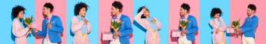 collage of young african american man giving gift and flowers to african american woman on blue and pink background clipart