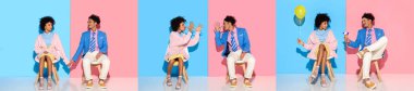 collage of young african american man and woman sitting, holding hands and fooling around on blue and pink background clipart