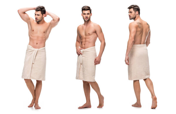 Коллаж красивого молодого человека, завернутого в нижнюю часть тела полотенцем, верхняя часть тела без одежды, изолированной на белом
